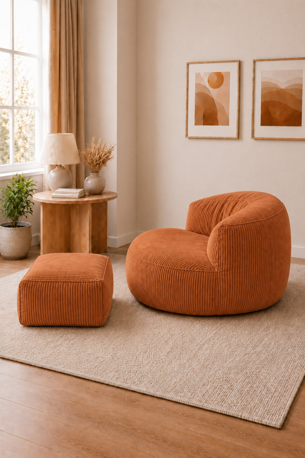 Peluş Twist 100 cm Fitilli Peluş Puf Koltuk Ayak Puflu Yıkanabilir Kılıflı TV Okuma ve Oyun Koltuğu - Kiremit