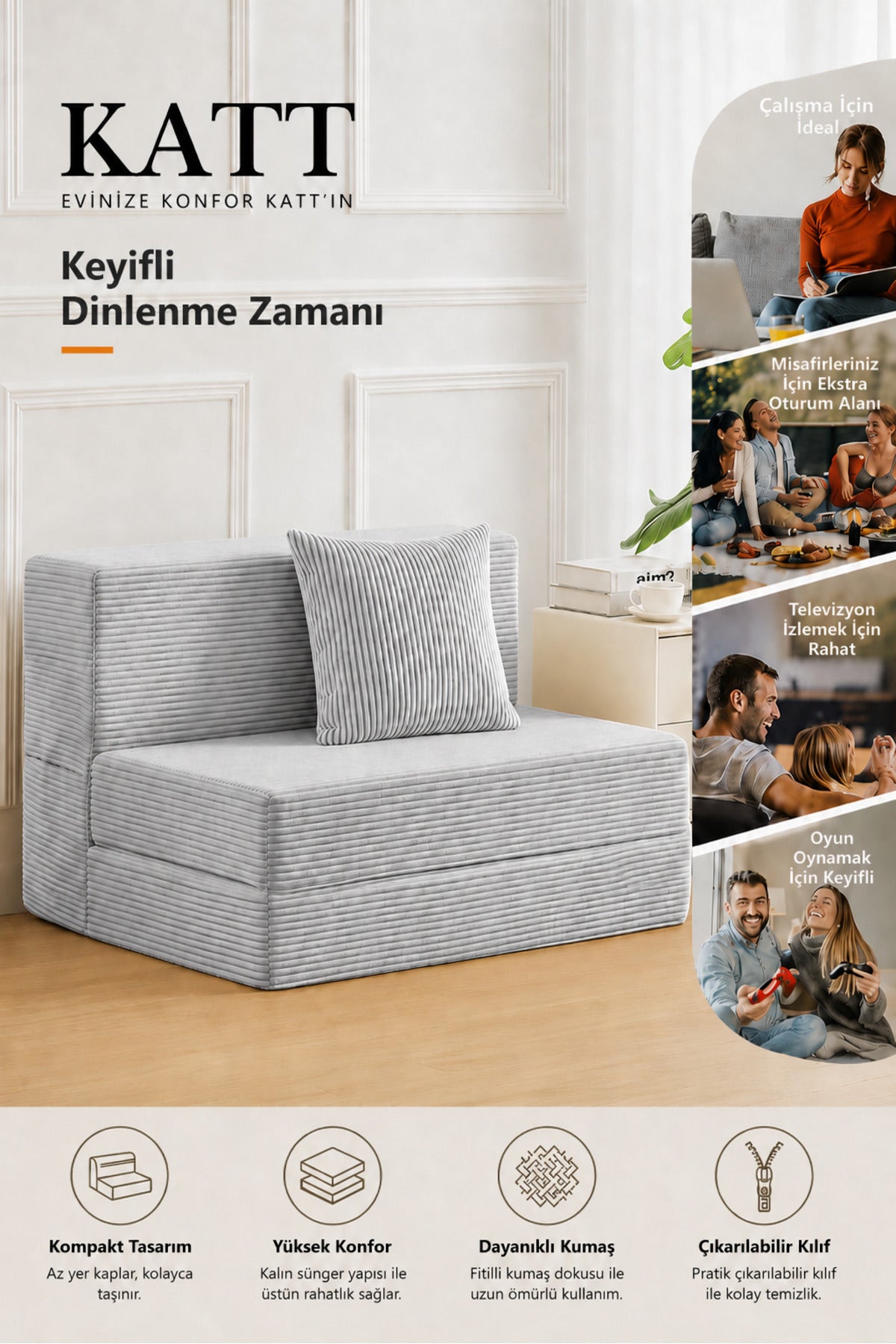Mola Çok Fonksiyonlu 70 cm Sünger Yataklı Koltuk – Tek Kişilik Misafir Yatağı ve Uzanma Koltuğu - Gri