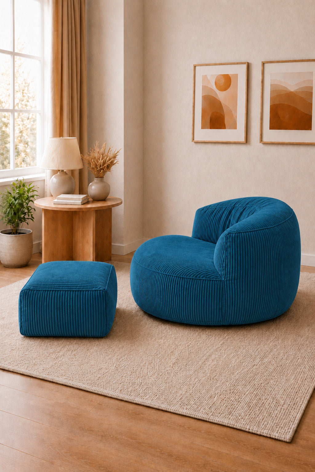 Peluş Twist 100 cm Fitilli Peluş Puf Koltuk Ayak Puflu Yıkanabilir Kılıflı TV Okuma ve Oyun Koltuğu - Mavi