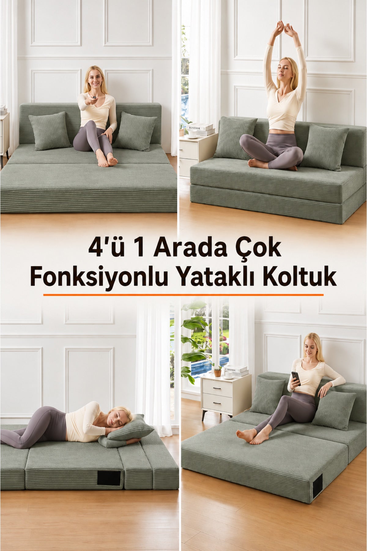 Mola Çok Fonksiyonlu 70 cm Sünger Yataklı Koltuk – Tek Kişilik Misafir Yatağı ve Uzanma Koltuğu - Yeşil