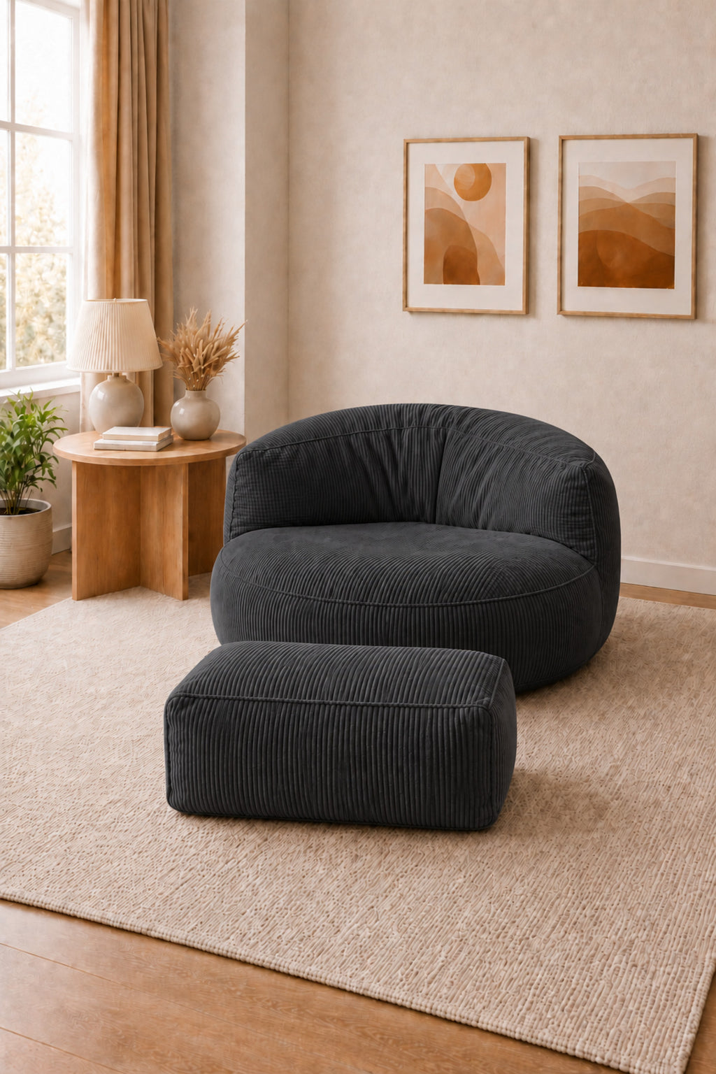 Peluş Twist 100 cm Fitilli Peluş Puf Koltuk Ayak Puflu Yıkanabilir Kılıflı TV Okuma ve Oyun Koltuğu - Siyah - 100 x 100