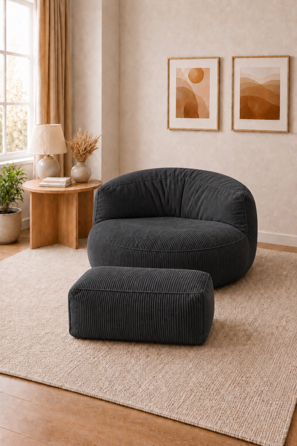 Peluş Twist 100 cm Fitilli Peluş Puf Koltuk Ayak Puflu Yıkanabilir Kılıflı TV Okuma ve Oyun Koltuğu - Siyah - 100 x 100