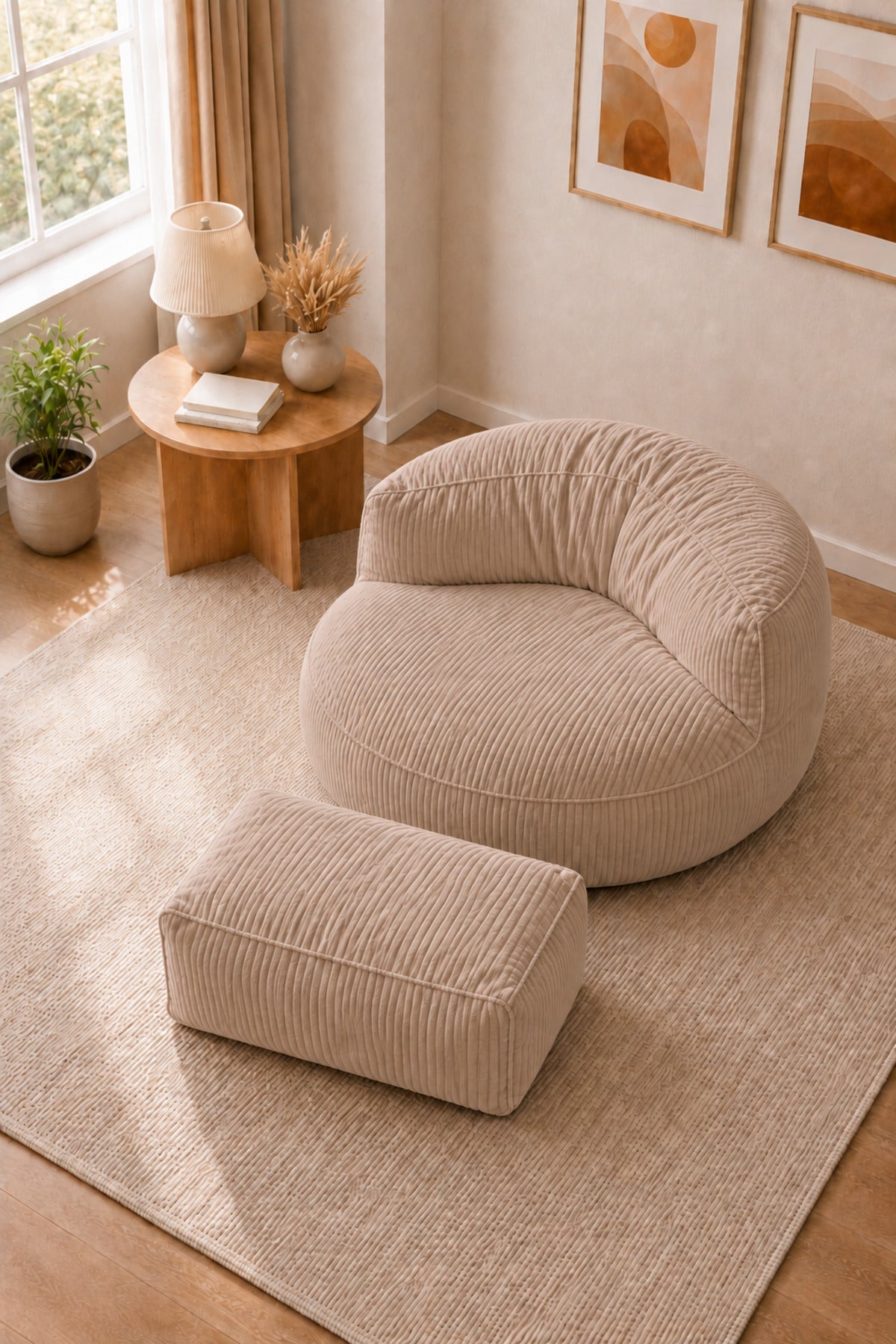 Peluş Twist 100 cm Fitilli Peluş Puf Koltuk Ayak Puflu Yıkanabilir Kılıflı TV Okuma ve Oyun Koltuğu - Bej