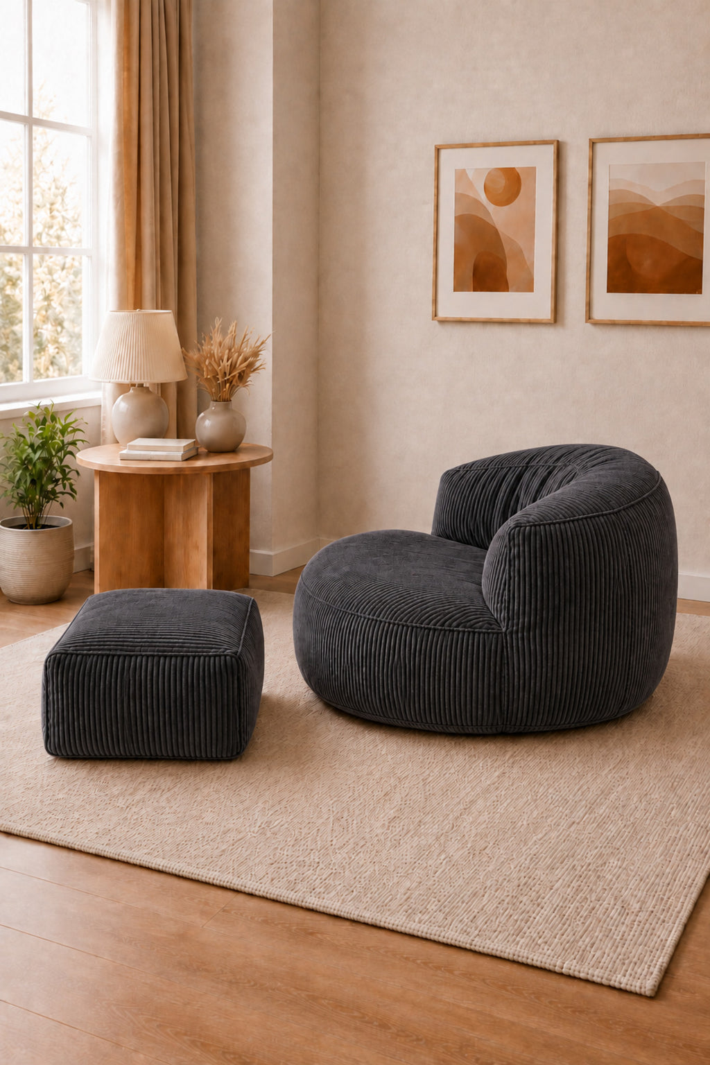 Peluş Twist 100 cm Fitilli Peluş Puf Koltuk Ayak Puflu Yıkanabilir Kılıflı TV Okuma ve Oyun Koltuğu - Siyah