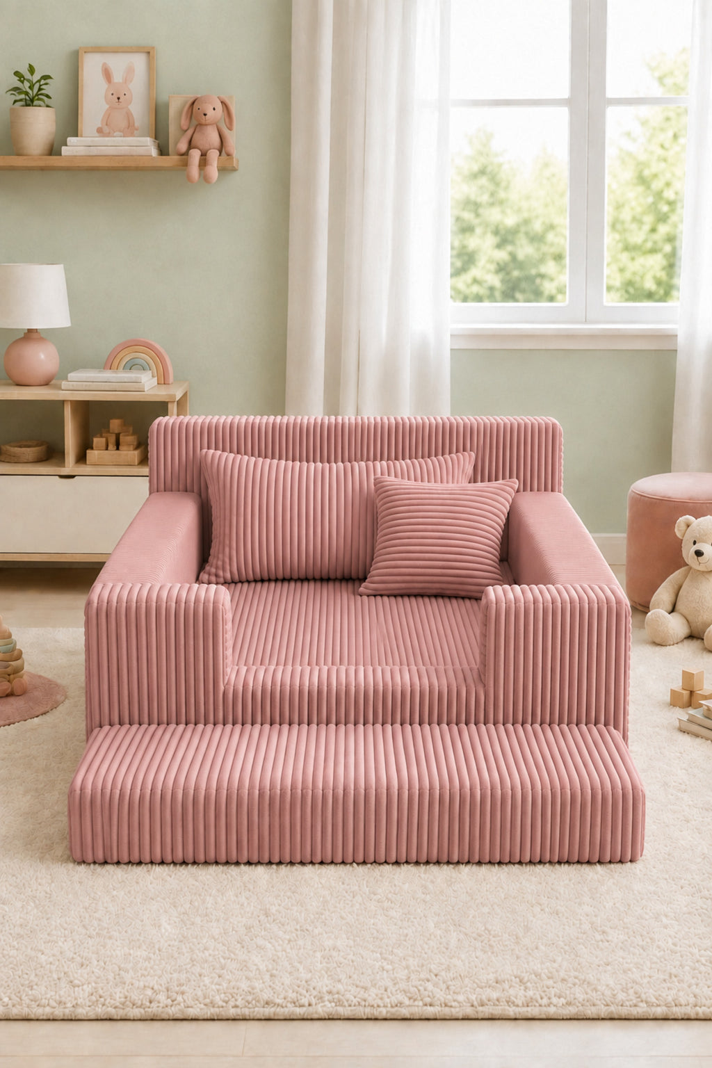 Havuzlu Montessori Çocuk Yatağı 70x130 cm Tamamen Sünger Bariyerli Anne Yanı Yatak Baza Başlık Oyun Alanı - Pembe