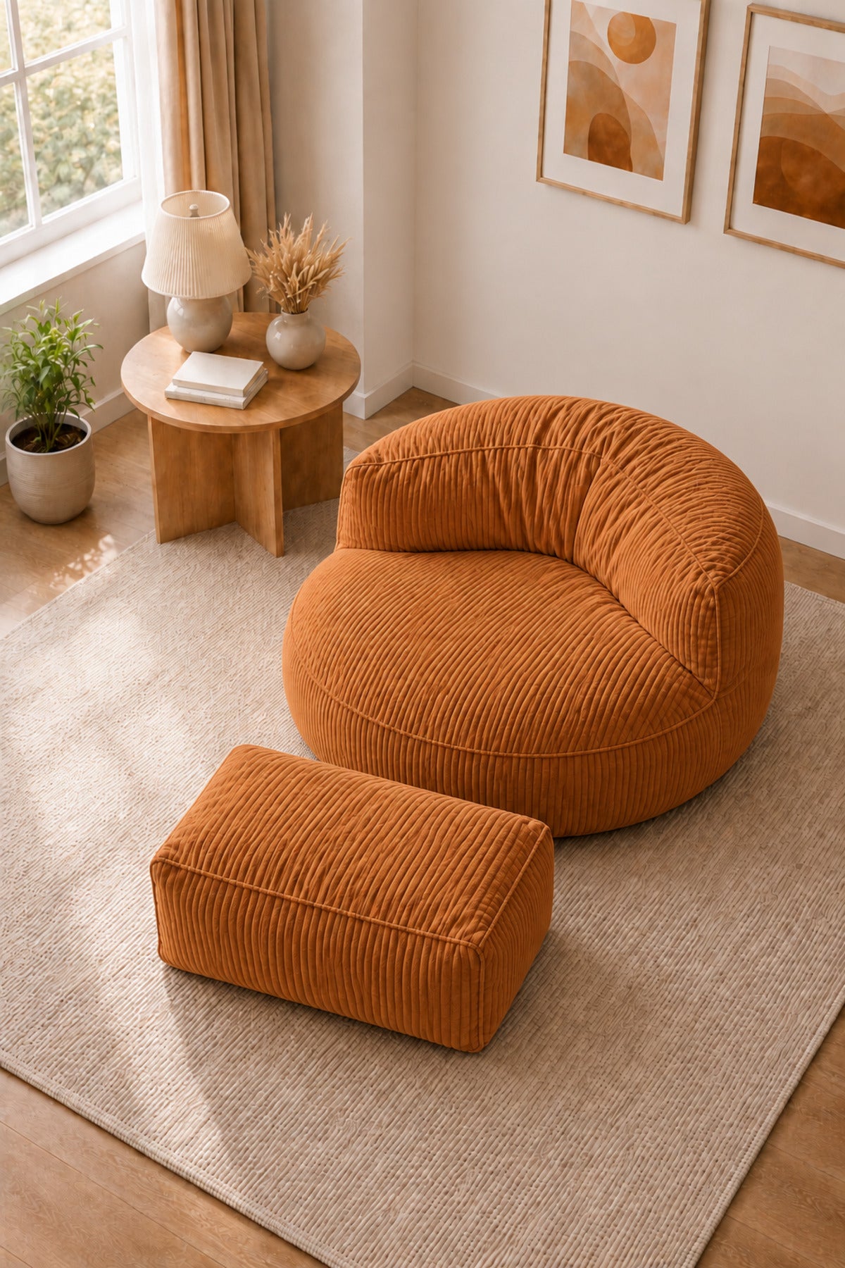 Peluş Twist 100 cm Fitilli Peluş Puf Koltuk Ayak Puflu Yıkanabilir Kılıflı TV Okuma ve Oyun Koltuğu - Kiremit