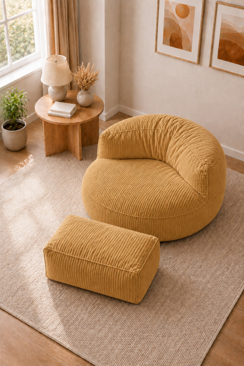 Peluş Twist 100 cm Fitilli Peluş Puf Koltuk Ayak Puflu Yıkanabilir Kılıflı TV Okuma ve Oyun Koltuğu - Sarı