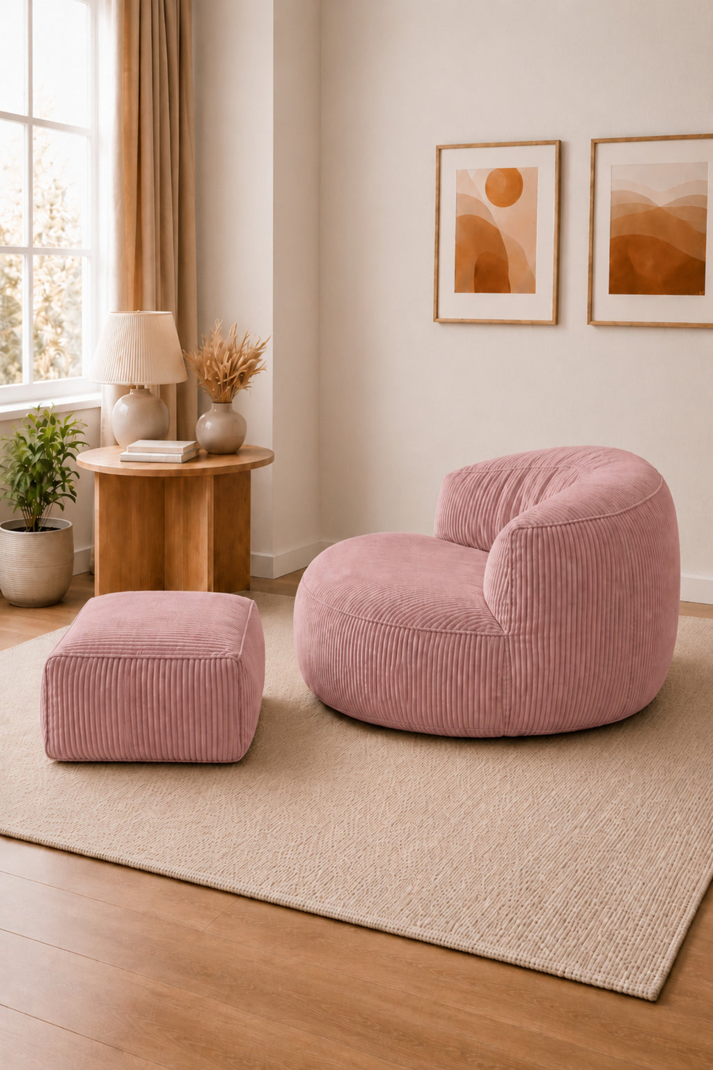 Peluş Twist 100 cm Fitilli Peluş Puf Koltuk Ayak Puflu Yıkanabilir Kılıflı TV Okuma ve Oyun Koltuğu - Pembe