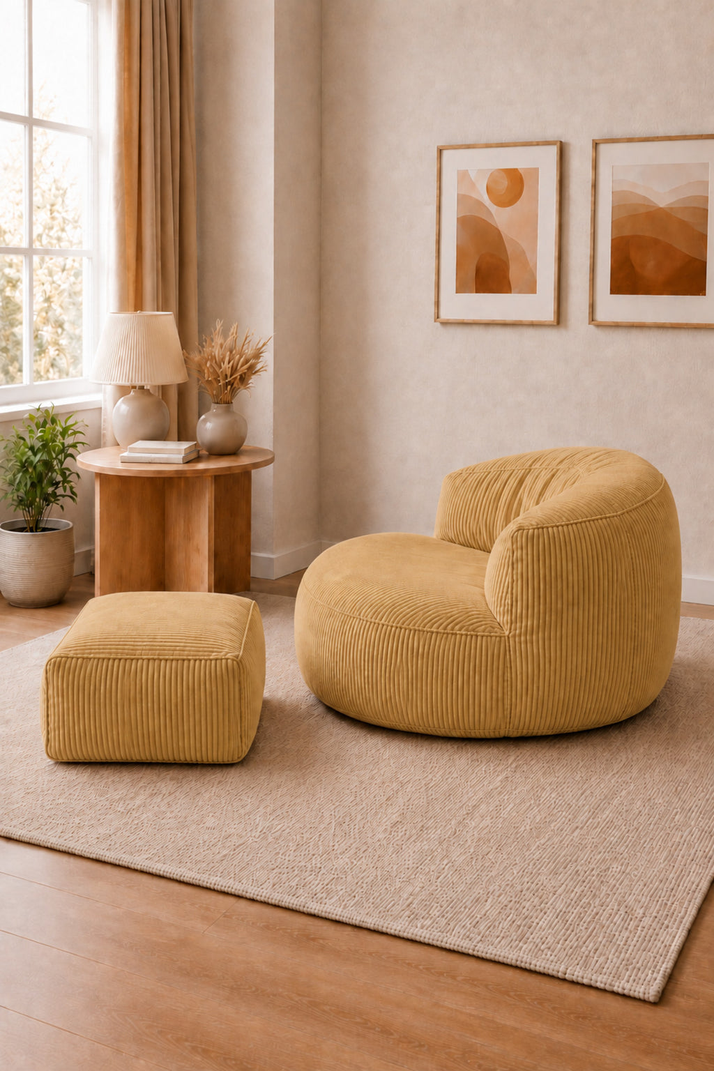 Peluş Twist 100 cm Fitilli Peluş Puf Koltuk Ayak Puflu Yıkanabilir Kılıflı TV Okuma ve Oyun Koltuğu - Sarı