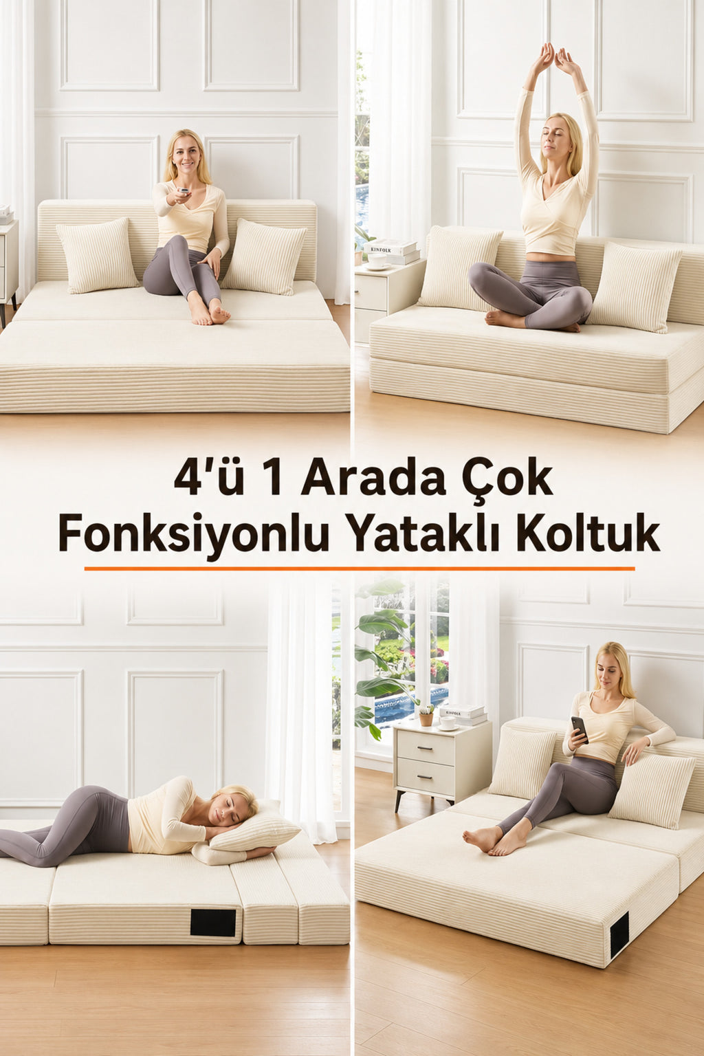Mola Çok Fonksiyonlu 70 cm Sünger Yataklı Koltuk – Tek Kişilik Misafir Yatağı ve Uzanma Koltuğu - Krem