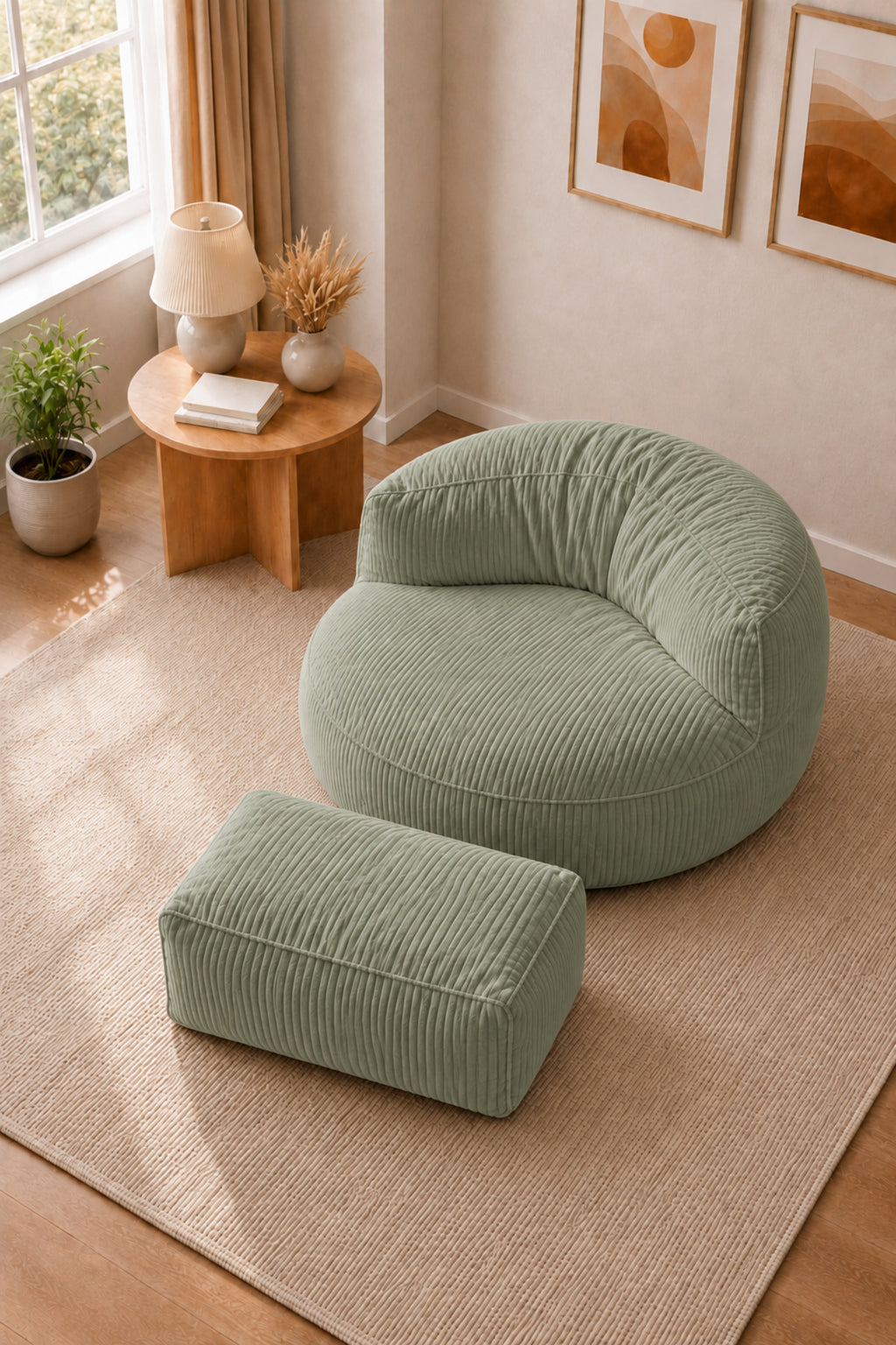 Peluş Twist 100 cm Fitilli Peluş Puf Koltuk Ayak Puflu Yıkanabilir Kılıflı TV Okuma ve Oyun Koltuğu - Yeşil