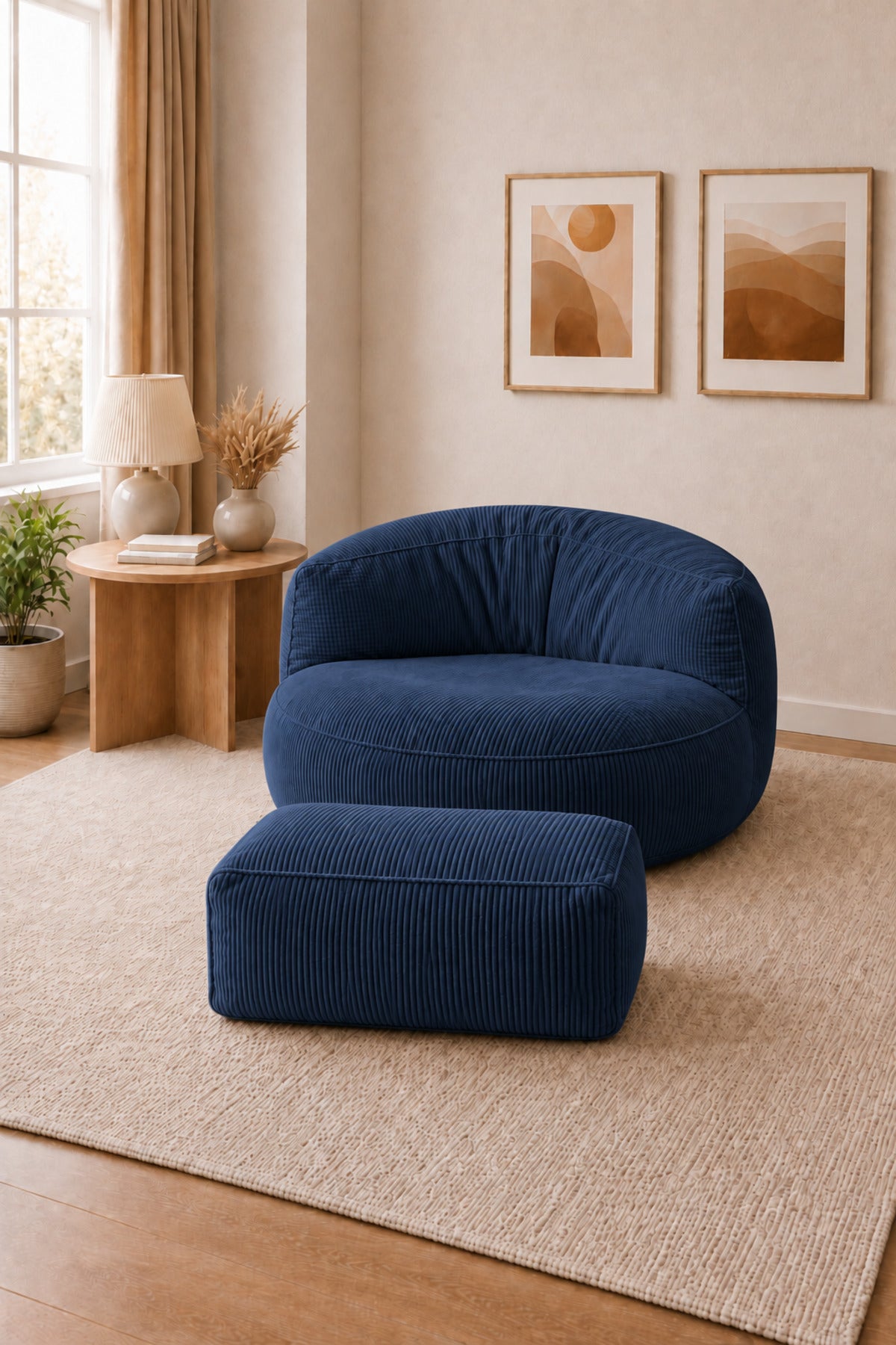 Peluş Twist 100 cm Fitilli Peluş Puf Koltuk Ayak Puflu Yıkanabilir Kılıflı TV Okuma ve Oyun Koltuğu - Lacivert - 100 x 100
