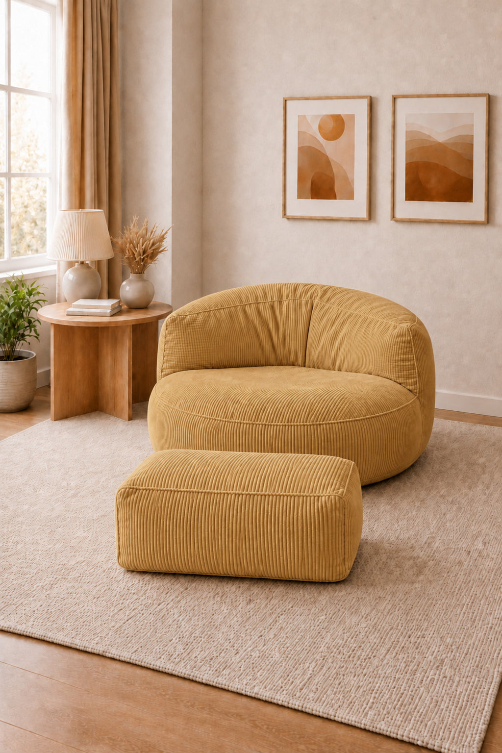 Peluş Twist 100 cm Fitilli Peluş Puf Koltuk Ayak Puflu Yıkanabilir Kılıflı TV Okuma ve Oyun Koltuğu - Sarı - 100 x 100