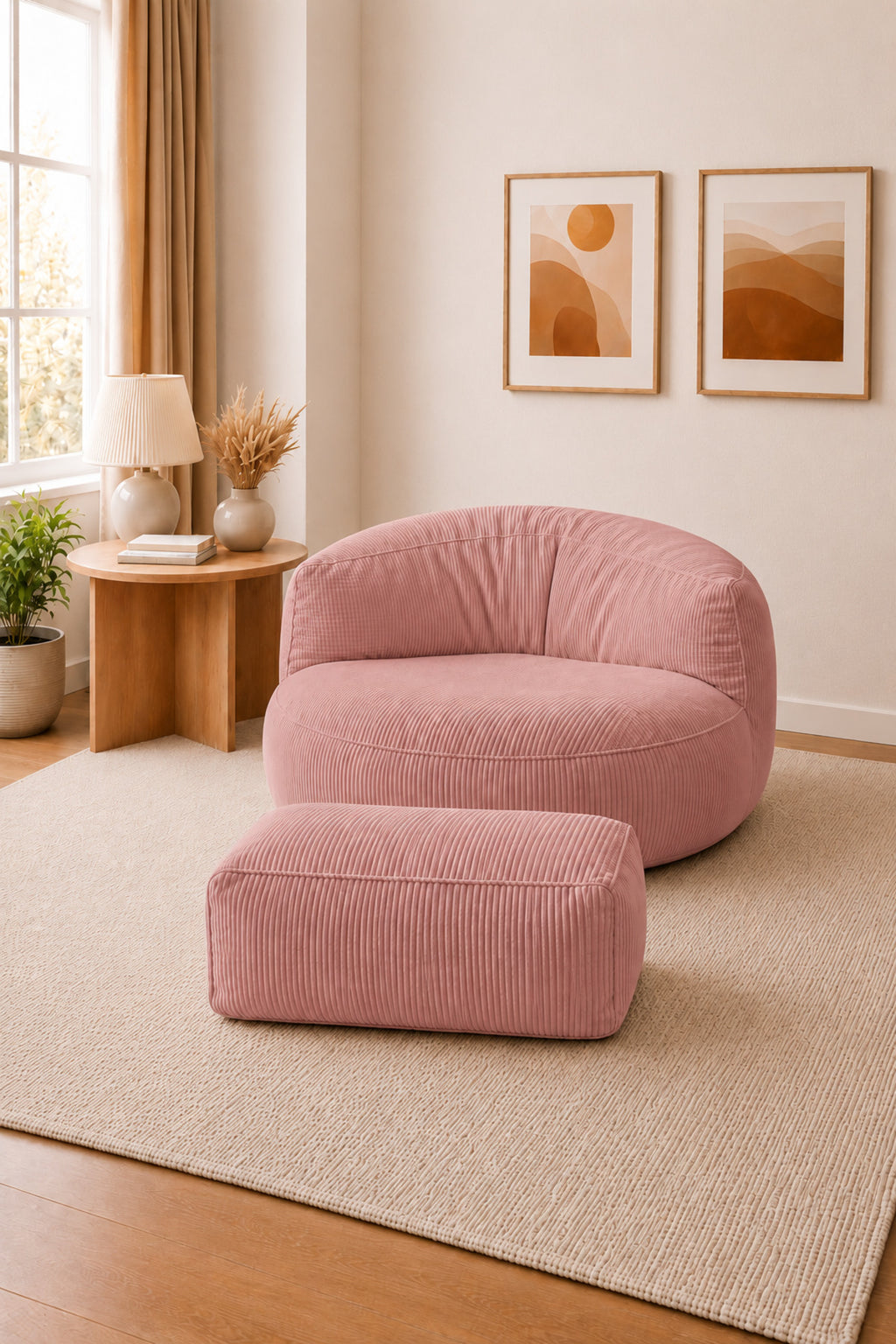 Peluş Twist 100 cm Fitilli Peluş Puf Koltuk Ayak Puflu Yıkanabilir Kılıflı TV Okuma ve Oyun Koltuğu - Pembe - 100 x 100