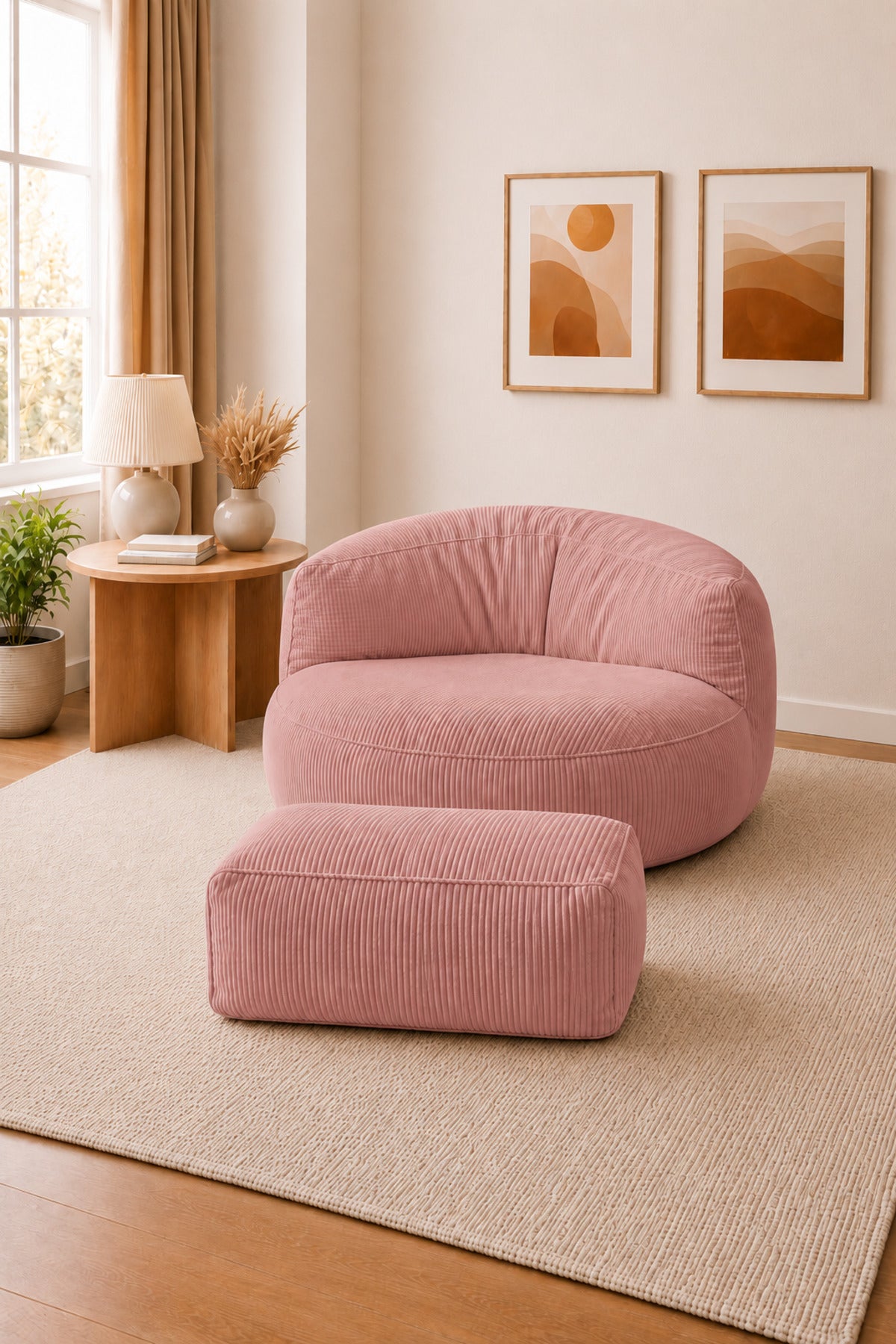 Peluş Twist 100 cm Fitilli Peluş Puf Koltuk Ayak Puflu Yıkanabilir Kılıflı TV Okuma ve Oyun Koltuğu - Pembe - 100 x 100
