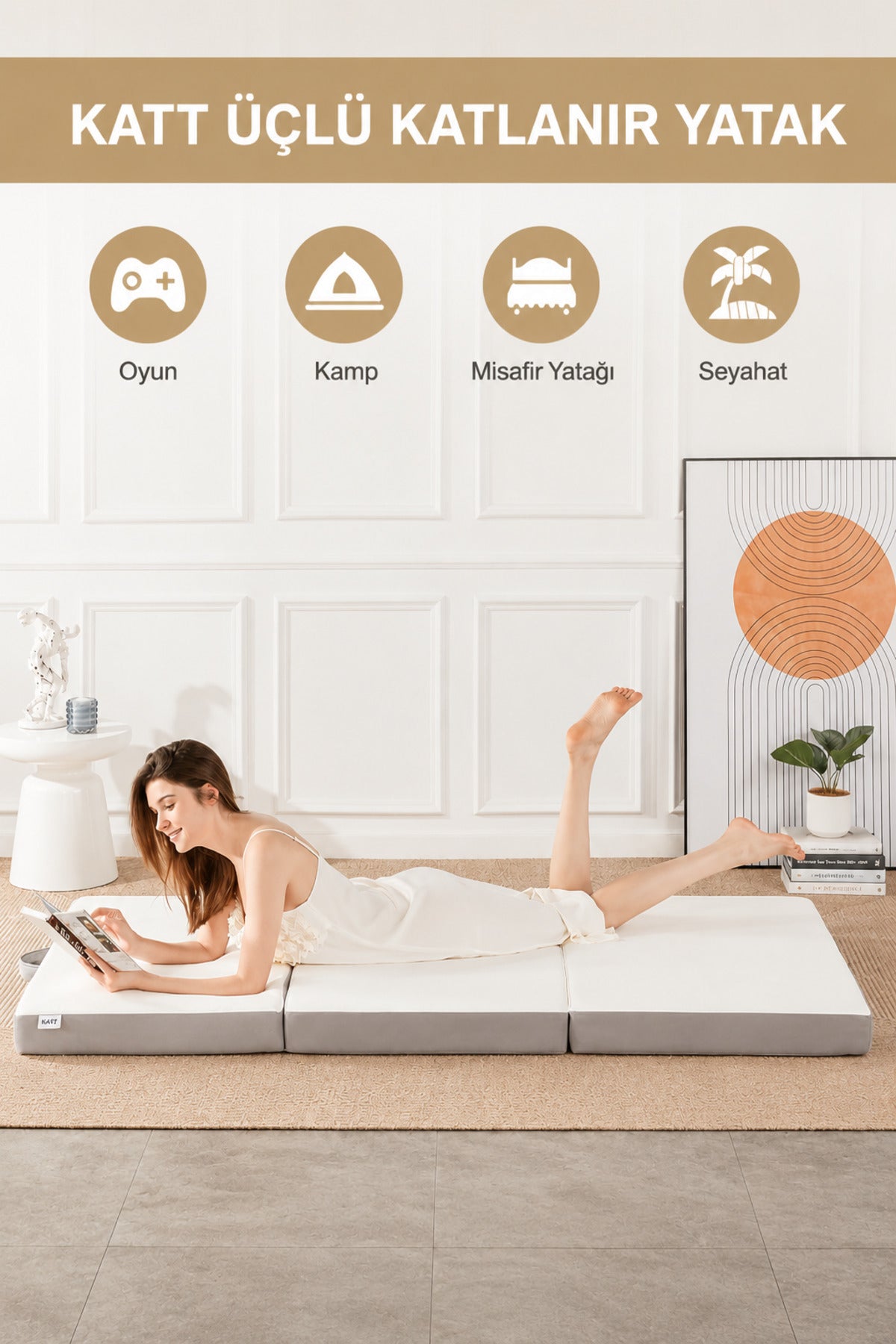 Üçlü Katlanır Sünger Yatak - Beyaz Gri