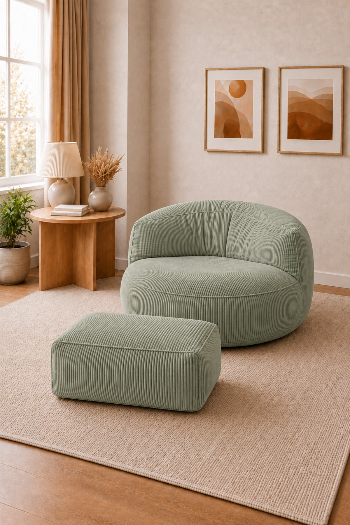Peluş Twist 100 cm Fitilli Peluş Puf Koltuk Ayak Puflu Yıkanabilir Kılıflı TV Okuma ve Oyun Koltuğu - Yeşil - 100 x 100
