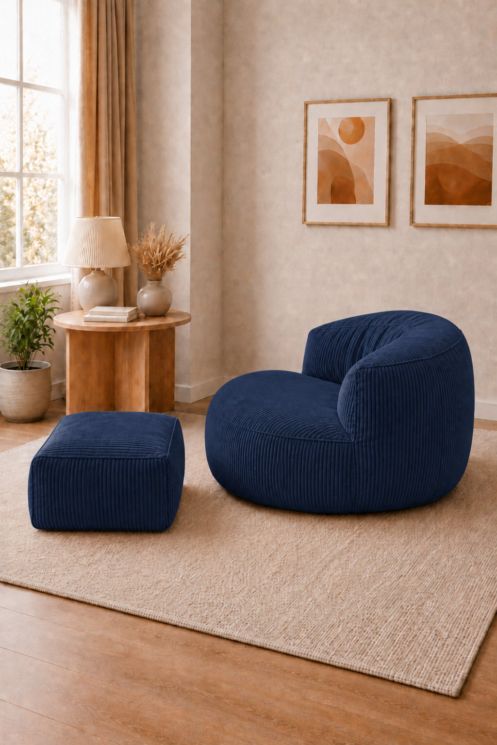 Peluş Twist 100 cm Fitilli Peluş Puf Koltuk Ayak Puflu Yıkanabilir Kılıflı TV Okuma ve Oyun Koltuğu - Lacivert